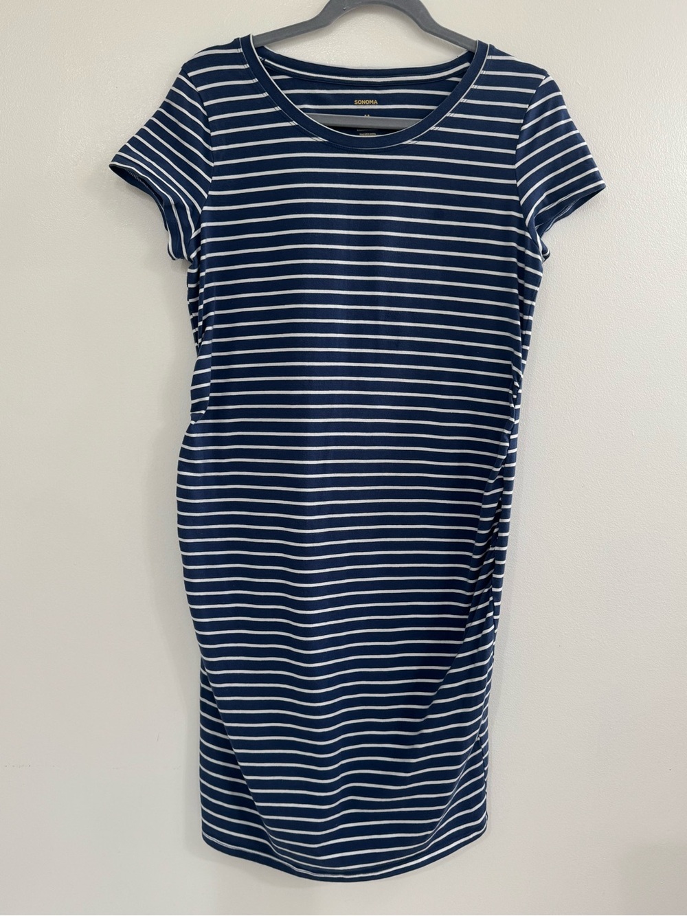 Cotton Midi Bodycon Dress Maternity Striped Blue White Sz M Beach Coastal